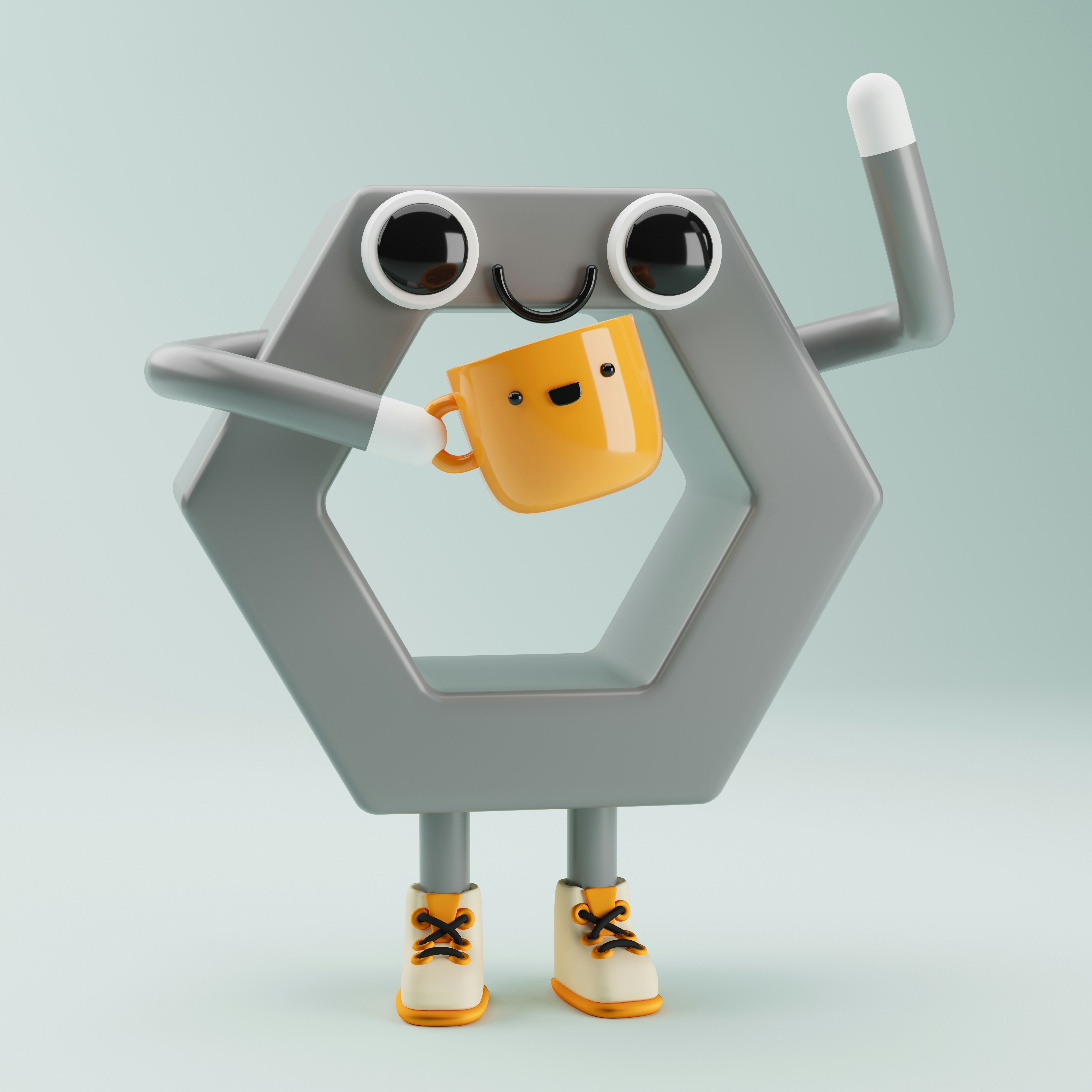 Friendly robot chatbot character with orange elements