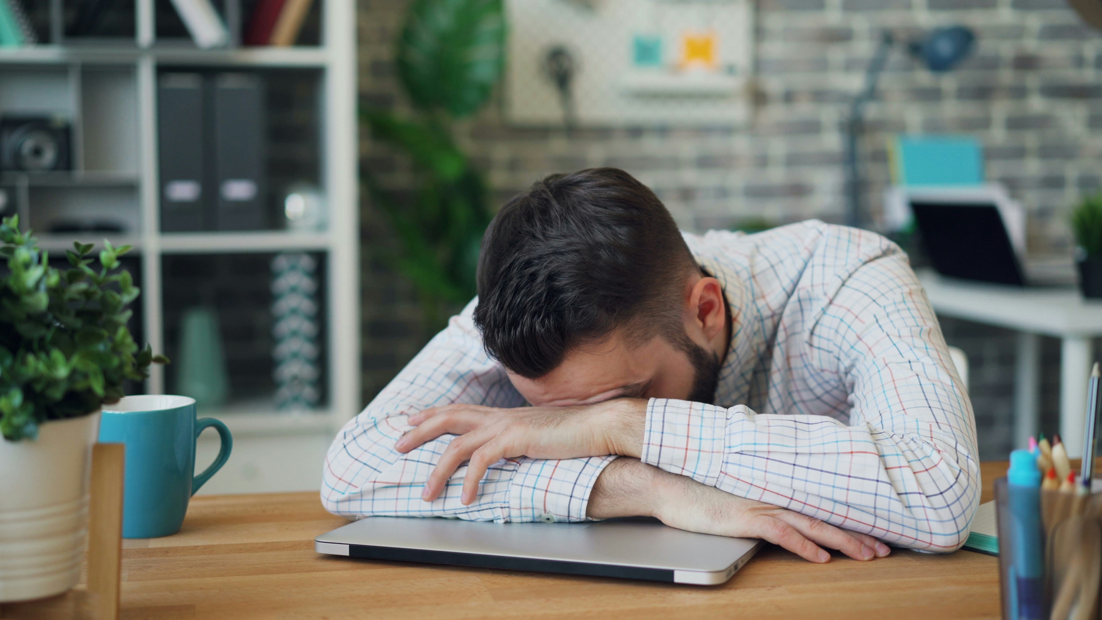 Person asleep on laptop at their desk.